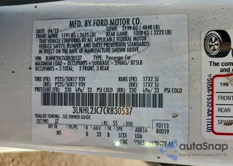 2012 Lincoln Mkz z USA, uszkodzony, nr VIN 3LNHL2JC7CR830537